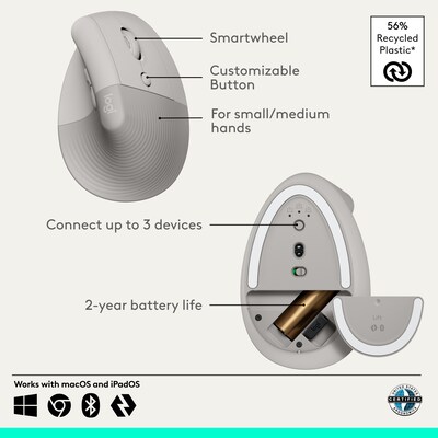 Logitech Lift Wireless Ergonomic Optical Mouse, Sand (910-007663)