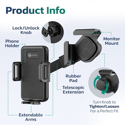 Purely P60 Universal Phone Holder for Computer and Car Screens up to 0.7" with Adjustable Arm Holder, Black (PSHP60BK)