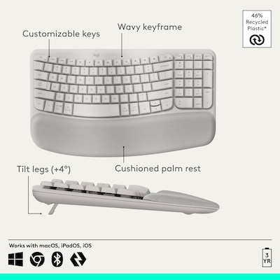 Logitech Wave Keys Wireless Ergonomic Keyboard, USB-A, Sand (920-013925)