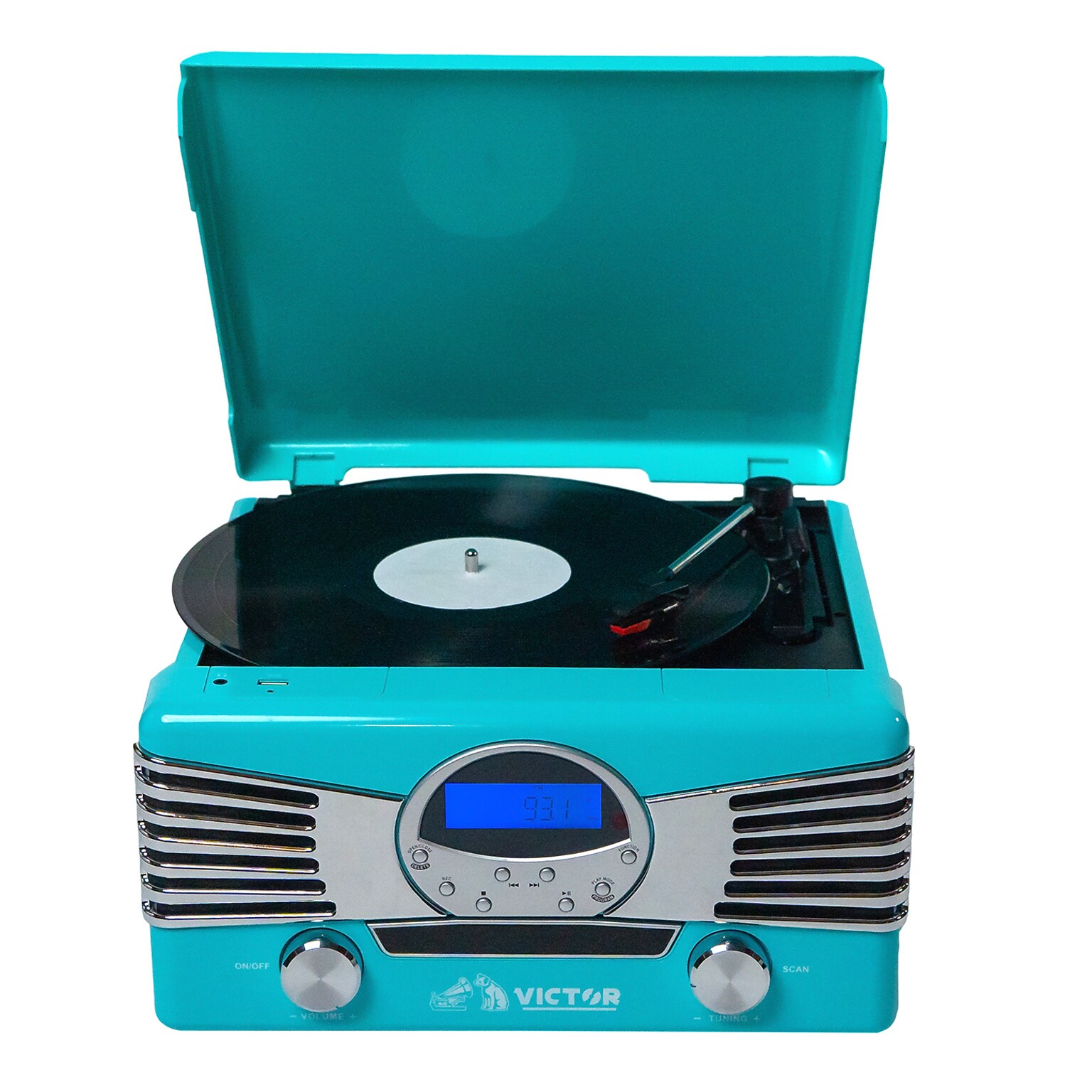 Victor VHRP-1400 Diner 7-in-1 Bluetooth Turntable Music Center with Record Player, CD/MP3 Player, AM/FM Radio, Teal