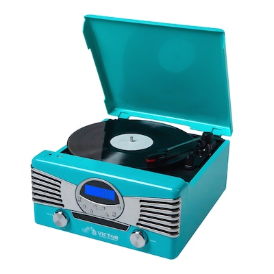 Victor VHRP-1400 Diner 7-in-1 Bluetooth Turntable Music Center with Record Player, CD/MP3 Player, AM/FM Radio, Teal