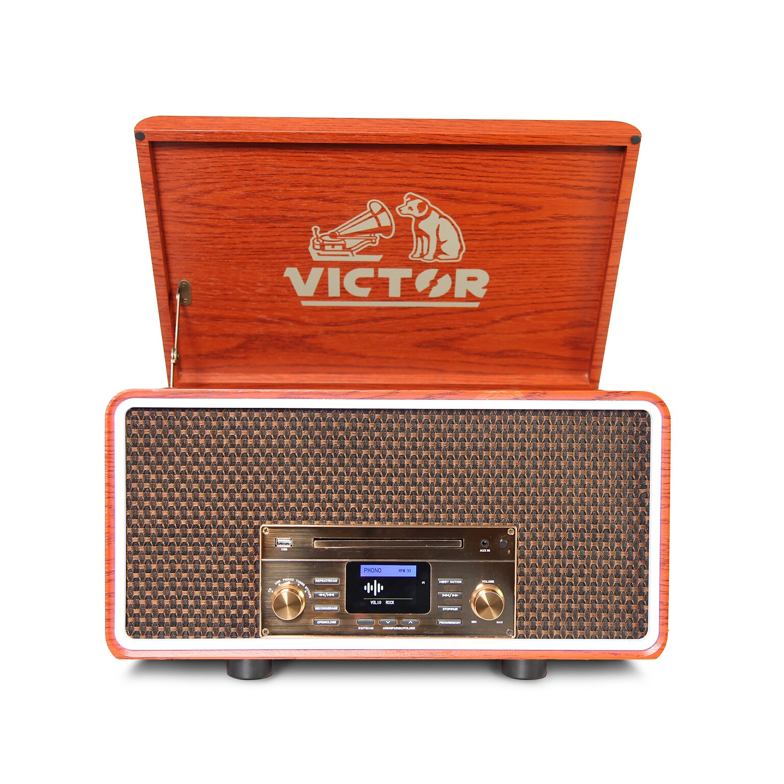 Victor Fremont 8-in-1 Bluetooth Record Player, 3-Speed Turntable, CD/Cassette Player, AM/FM Radio, USB, AUX