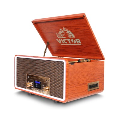 Victor Fremont 8-in-1 Bluetooth Record Player, 3-Speed Turntable, CD/Cassette Player, AM/FM Radio, USB, AUX
