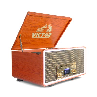 Victor Fremont 8-in-1 Bluetooth Record Player, 3-Speed Turntable, CD/Cassette Player, AM/FM Radio, USB, AUX