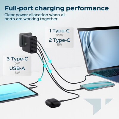 Turonic Wall Charger GaN Charging Station, 100W, 6.5ft, Black (BZ-A075)