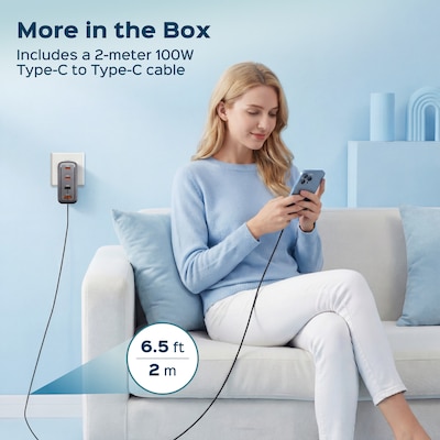 Turonic Wall Charger GaN Charging Station, 100W, 6.5ft, Black (BZ-A075)