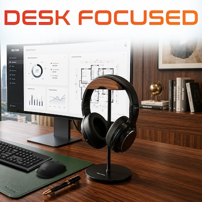 Delton H50 Headset and Headphone Stand for Desk, Walnut Wood Cradle and Aluminum Frame with Anti-Sli