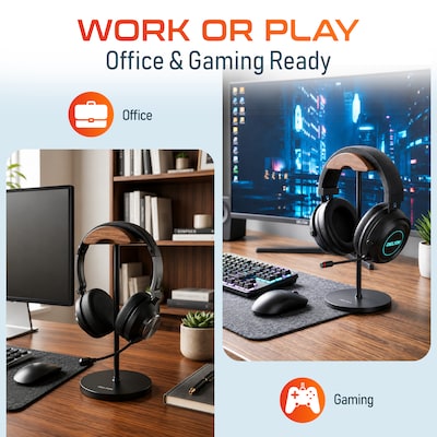 Delton H50 Headset and Headphone Stand for Desk, Walnut Wood Cradle and Aluminum Frame with Anti-Slip Base, Black (DHSH50BK)