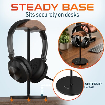 Delton H50 Headset and Headphone Stand for Desk, Walnut Wood Cradle and Aluminum Frame with Anti-Slip Base, Black (DHSH50BK)