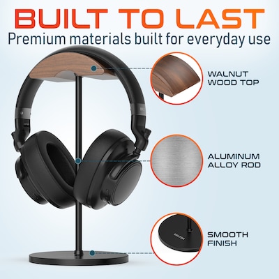 Delton H50 Headset and Headphone Stand for Desk, Walnut Wood Cradle and Aluminum Frame with Anti-Slip Base, Black (DHSH50BK)