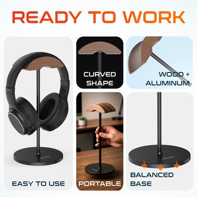 Delton H50 Headset and Headphone Stand for Desk, Walnut Wood Cradle and Aluminum Frame with Anti-Slip Base, Black (DHSH50BK)
