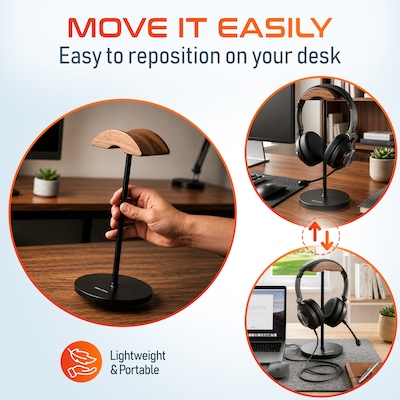 Delton H50 Headset and Headphone Stand for Desk, Walnut Wood Cradle and Aluminum Frame with Anti-Slip Base, Black (DHSH50BK)