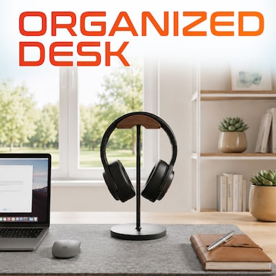 Delton H50 Headset and Headphone Stand for Desk, Walnut Wood Cradle and Aluminum Frame with Anti-Slip Base, Black (DHSH50BK)