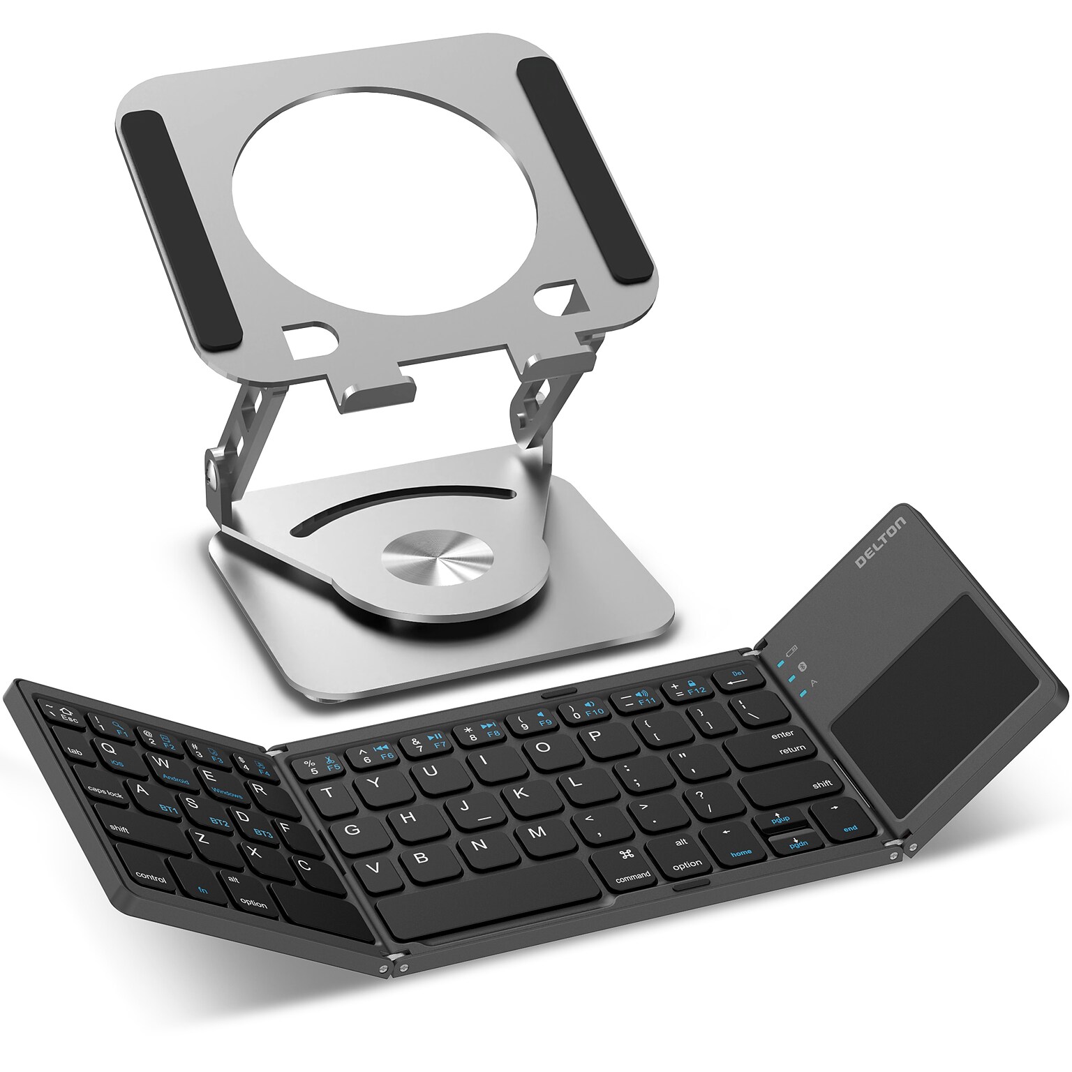 Delton F75/SW60 Bluetooth Foldable Computer Keyboard with Touchpad and Adjustable Tablet Stand Kit, Black/Silver (DKBF75KT1)
