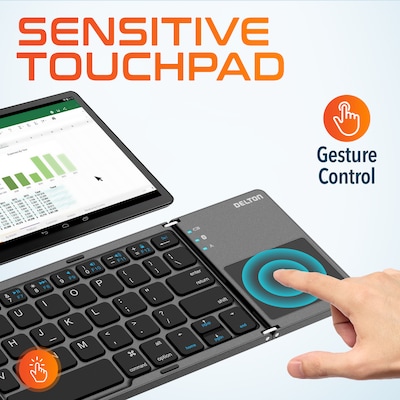 Delton F75/SW60 Bluetooth Foldable Computer Keyboard with Touchpad and Adjustable Tablet Stand Kit, Black/Silver (DKBF75KT1)