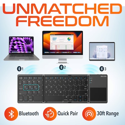 Delton F75/SW60 Bluetooth Foldable Computer Keyboard with Touchpad and Adjustable Tablet Stand Kit, Black/Silver (DKBF75KT1)