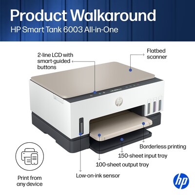 HP Smart Tank 6003 Wireless All-in-One Supertank Printer, Up to 3 Years of Ink Included (9B5C8A)