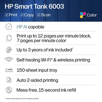 HP Smart Tank 6003 Wireless All-in-One Supertank Printer, Up to 3 Years of Ink Included (9B5C8A)