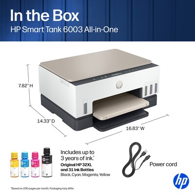 HP Smart Tank 6003 Wireless All-in-One Supertank Printer, Up to 3 Years of Ink Included (9B5C8A)