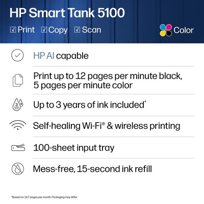 HP Smart Tank 5100 Wireless All-in-One Supertank Printer, Up to 3 Years of Ink Included (9B2D1A)