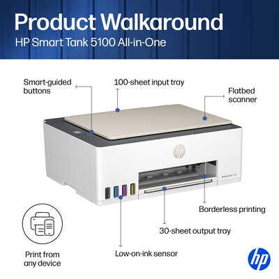 HP Smart Tank 5100 Wireless All-in-One Supertank Printer, Up to 3 Years of Ink Included (9B2D1A)