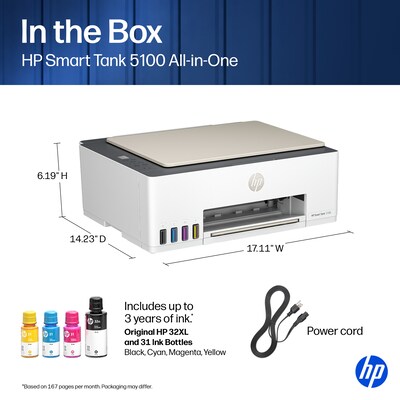 HP Smart Tank 5100 Wireless All-in-One Supertank Printer, Up to 3 Years of Ink Included (9B2D1A)