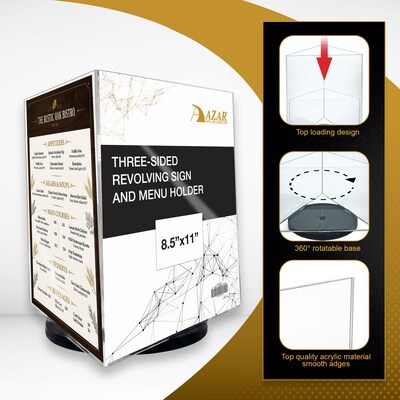 Azar Displays 8.5" x 11" Three-Sided Revolving Sign and Menu Holder, Black Acrylic, 2/Pack (193732-BLK-2PK)