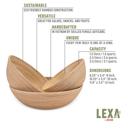 LEXA by Joyce Chen Bamboo Bowl Set, 3-Piece, Natural (LX3BSS-NTL)