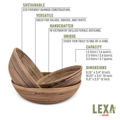 LEXA by Joyce Chen Bamboo Bowl Set, 3-Piece, Black/Natural (LX3BSS-BKB)