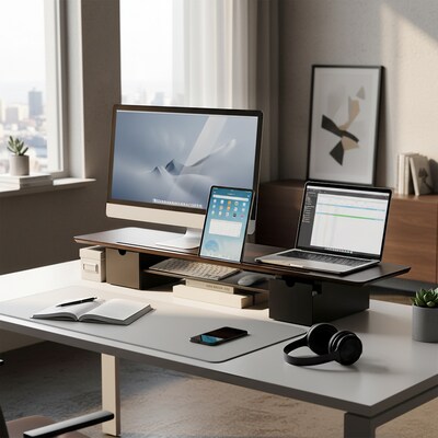 Mount-It! Extra Wide Monitor Riser with Drawers and Shelf, Holds up to 66 lbs., Dark Brown, (MI-7367