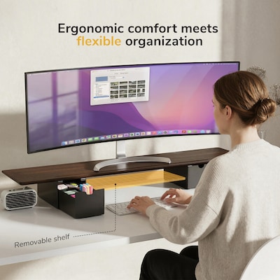 Mount-It! Extra Wide Monitor Riser with Drawers and Shelf, Holds up to 66 lbs., Dark Brown, (MI-7367)