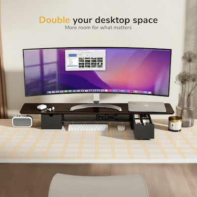 Mount-It! Extra Wide Monitor Riser with Drawers and Shelf, Holds up to 66 lbs., Dark Brown, (MI-7367)