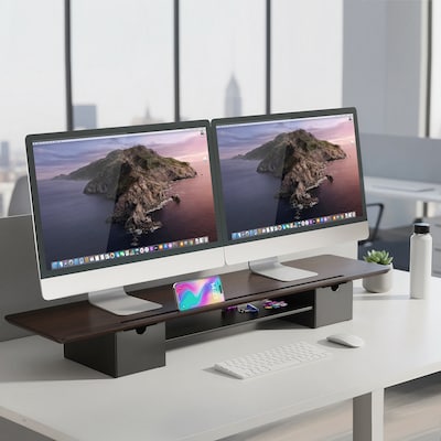 Mount-It! Extra Wide Monitor Riser with Drawers and Shelf, Holds up to 66 lbs., Dark Brown, (MI-7367)