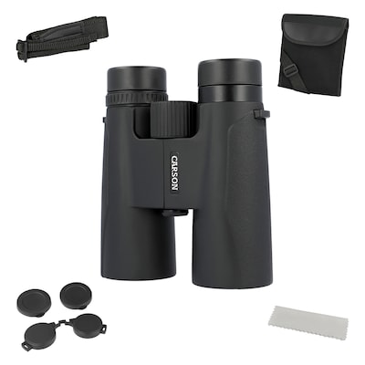 CARSON Makalu 10x42 Full-Size Roof-Prism Binoculars with Strap, Pouch, Caps & Cleaning Cloth, Black