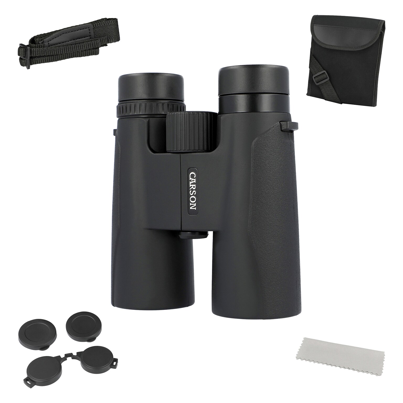 CARSON Makalu 10x42 Full-Size Roof-Prism Binoculars with Strap, Pouch, Caps & Cleaning Cloth, Black (MK-042)