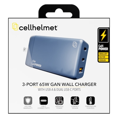 cellhelmet 3-Port GaN USB-C/A Wall Charger, 65W, Gunmetal Gray (PB-221)