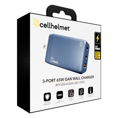 cellhelmet 3-Port GaN USB-C/A Wall Charger, 65W, Gunmetal Gray (PB-221)