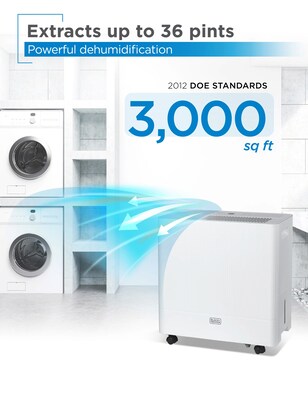Black & Decker 36-Pint Portable Dehumidifier, 2-Speed, Covers up to 3000 Sq. Ft., White (BDM36WCDA)