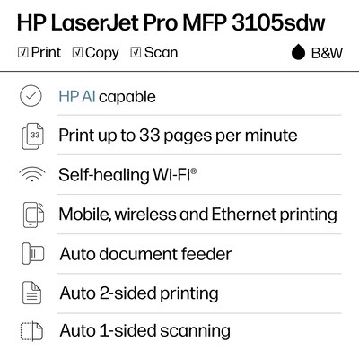 LaserJet Pro MFP 3105sdw Wireless Black & White All-In-One Laser Printer, Best for Home Office (3G646A#BGJ)