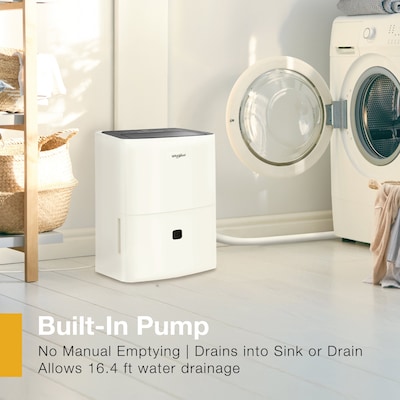 Whirlpool Energy Star 50-Pint Portable Dehumidifier with Built-In Pump, Covers up to 3,000 sq. ft., White (WHHD501PAW)