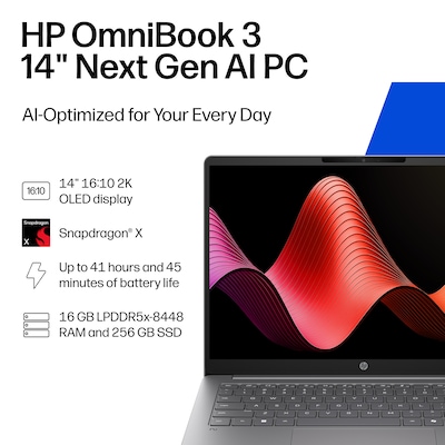 HP OmniBook 3 14 Laptop, Copilot+ PC, Snapdragon X Plus (2024), 16GB RAM, 256GB SSD, 41+ Hour Battery, Windows 11 Home