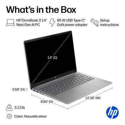 HP OmniBook 3 14" Laptop, Copilot+ PC, Snapdragon X Plus (2024), 16GB RAM, 256GB SSD, 41+ Hour Battery, Windows 11 Home