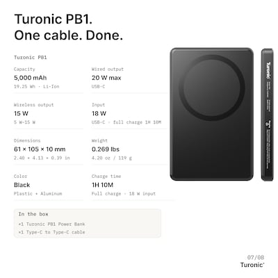 Turonic Magnetic Wireless Power Bank, 20W, Black (PB1)