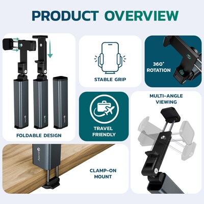Purely PH20 Foldable Clamp-On Phone Holder for Desk and Travel, Gray (PSHPH20BK)