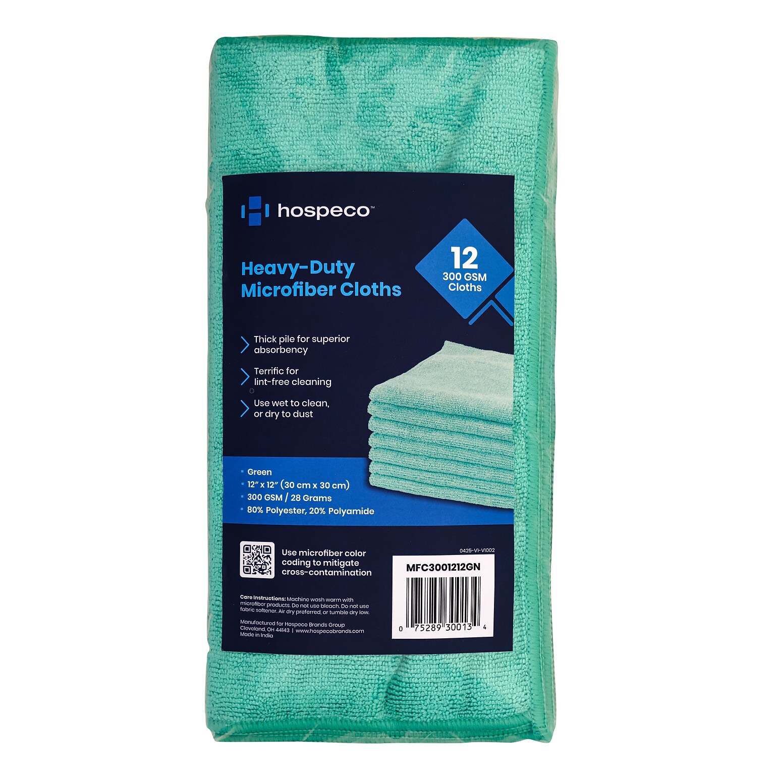 Hospeco Heavy-Duty Microfiber Multipurpose Cloths, 12 x 12, Green, 12 Cloths/Pack (MFC3001212GN)