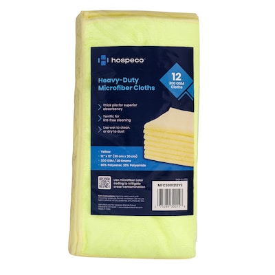 Hospeco Heavy-Duty Microfiber Multipurpose Cloths, 12 x 12, Yellow, 12 Cloths/Pack (MFC3001212YE)