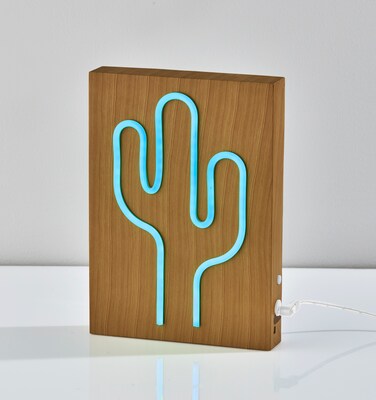Simplee Adesso LED Wood Framed Neon Cactus Table/Wall Lamp, 9"H, Brown/Multi-Color (SL3721-12)