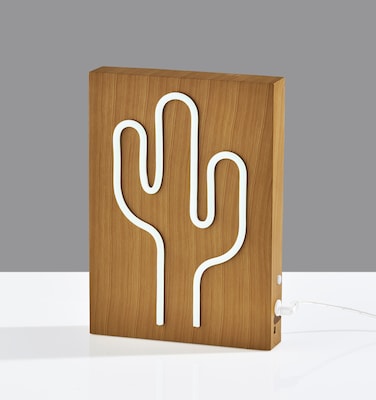 Simplee Adesso LED Wood Framed Neon Cactus Table/Wall Lamp, 9"H, Brown/Multi-Color (SL3721-12)