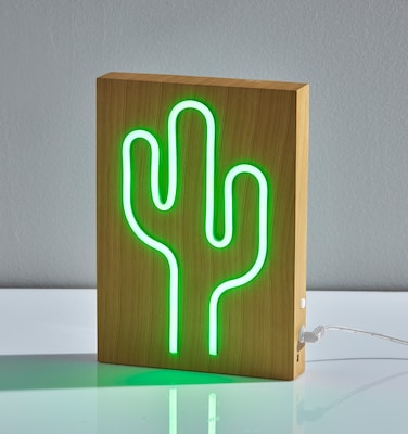 Simplee Adesso LED Wood Framed Neon Cactus Table/Wall Lamp, 9"H, Brown/Multi-Color (SL3721-12)