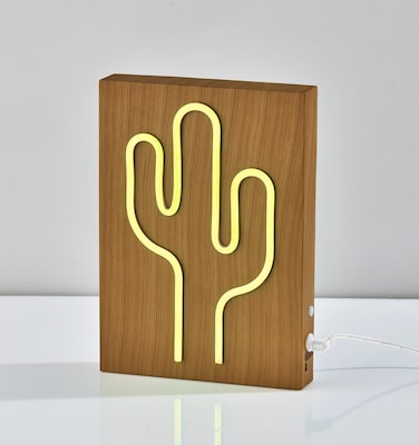 Simplee Adesso LED Wood Framed Neon Cactus Table/Wall Lamp, 9"H, Brown/Multi-Color (SL3721-12)